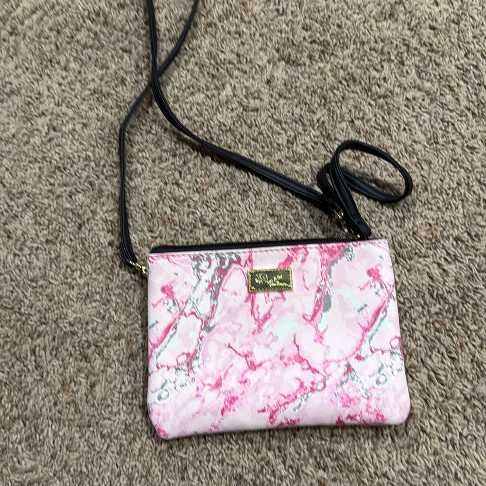 Betsey Johnson Marbled Pink Gray Crossbody Purse Wristlet Strap